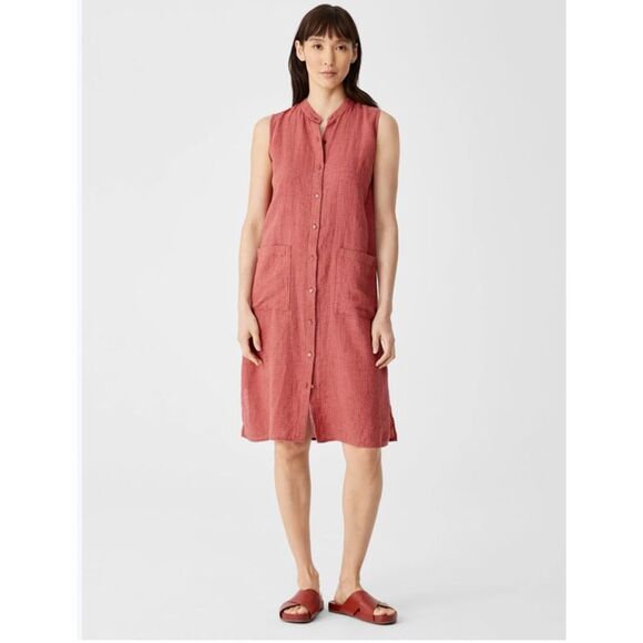 Eileen Fisher Puckered Organic Linen Sleeveless Dress size XS Button Front Rust - Picture 1 of 8